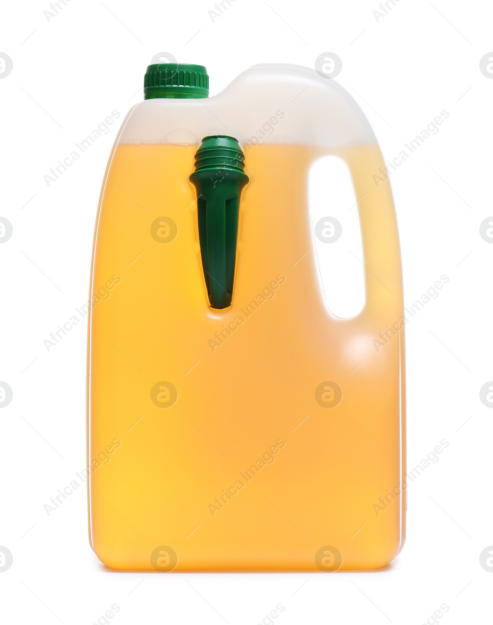 Photo of Plastic canister with liquid for car on white background