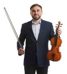 Music teacher with violin and bow on white background