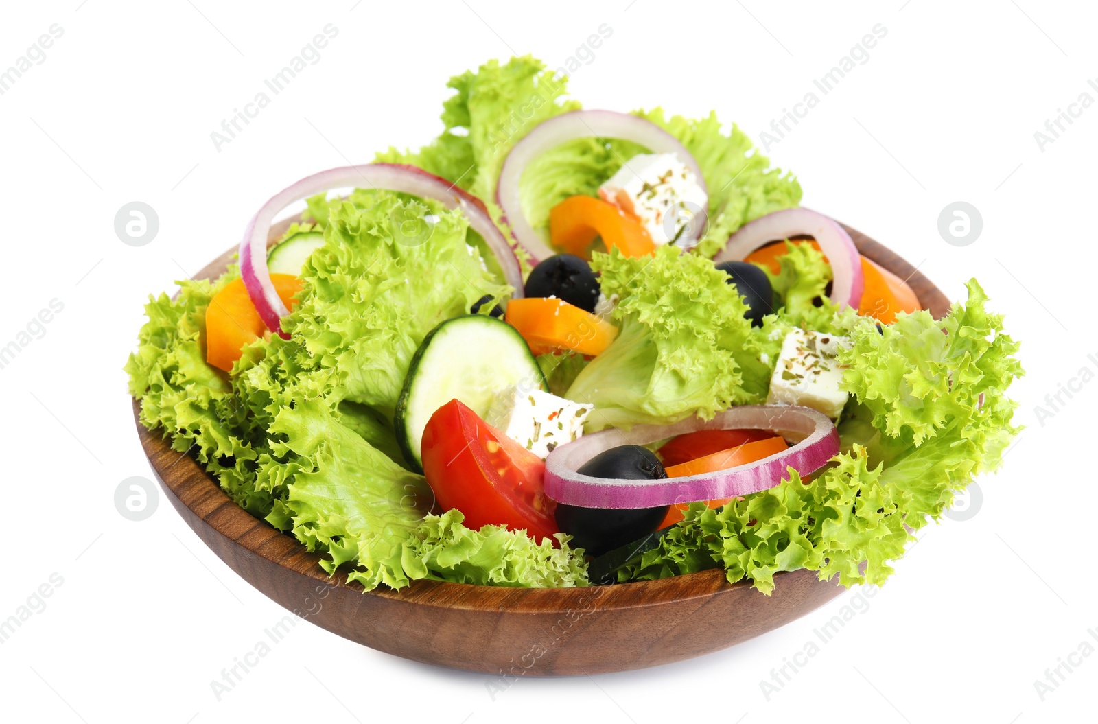 Photo of Tasty fresh Greek salad on white background