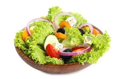 Tasty fresh Greek salad on white background