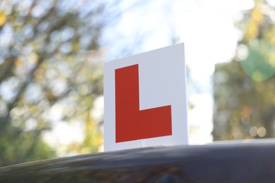 Photo of L-plate on car roof outdoors. Driving school