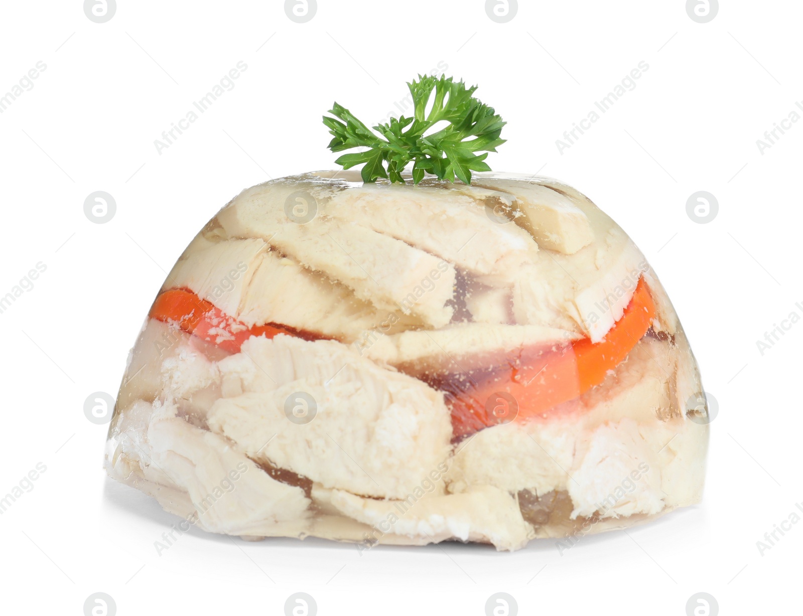 Photo of Delicious homemade chicken aspic isolated on white