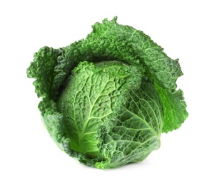 Photo of Fresh ripe savoy cabbage on white background