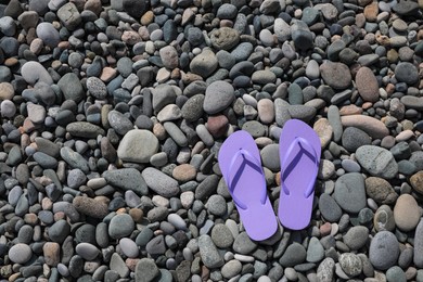 Stylish lilac flip lops on pebble beach, flat lay. Space for text