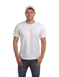 Photo of Happy man in cap and tshirt on white background. Mockup for design