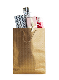 Photo of Shopping paper bag with presents isolated on white