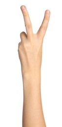 Photo of Woman showing peace gesture on white background, closeup of hand
