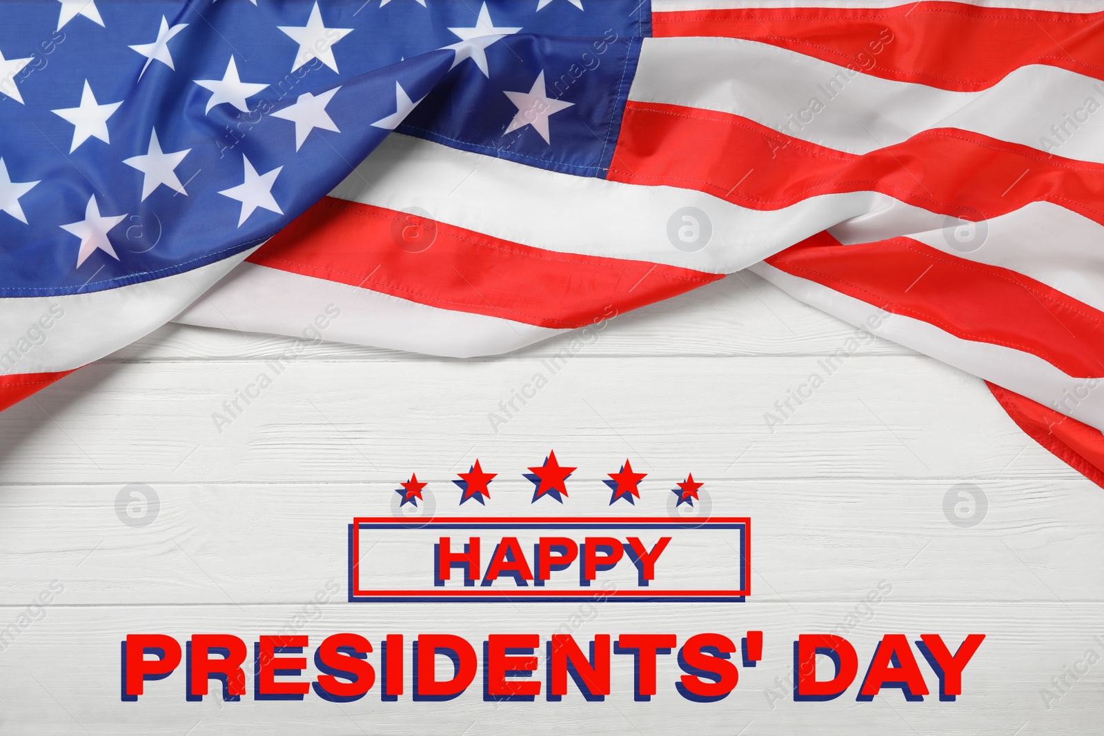 Image of Happy President's Day - federal holiday. American flag and text on white woooden background, top view