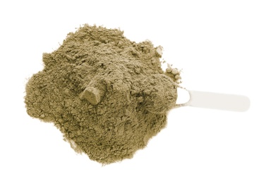 Photo of Hemp protein powder and measuring scoop on white background