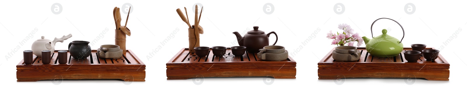 Image of Beautiful sets for traditional tea ceremony on white background, collage. Banner design