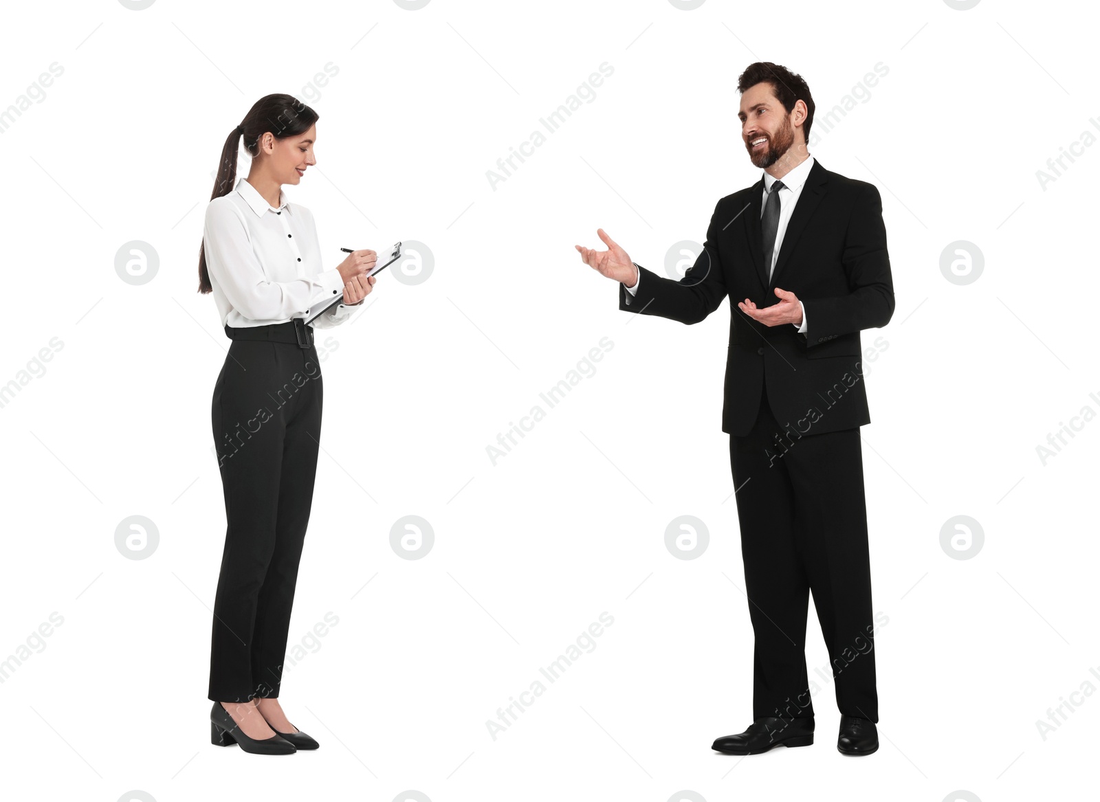 Image of Two business people talking on white background. Dialogue