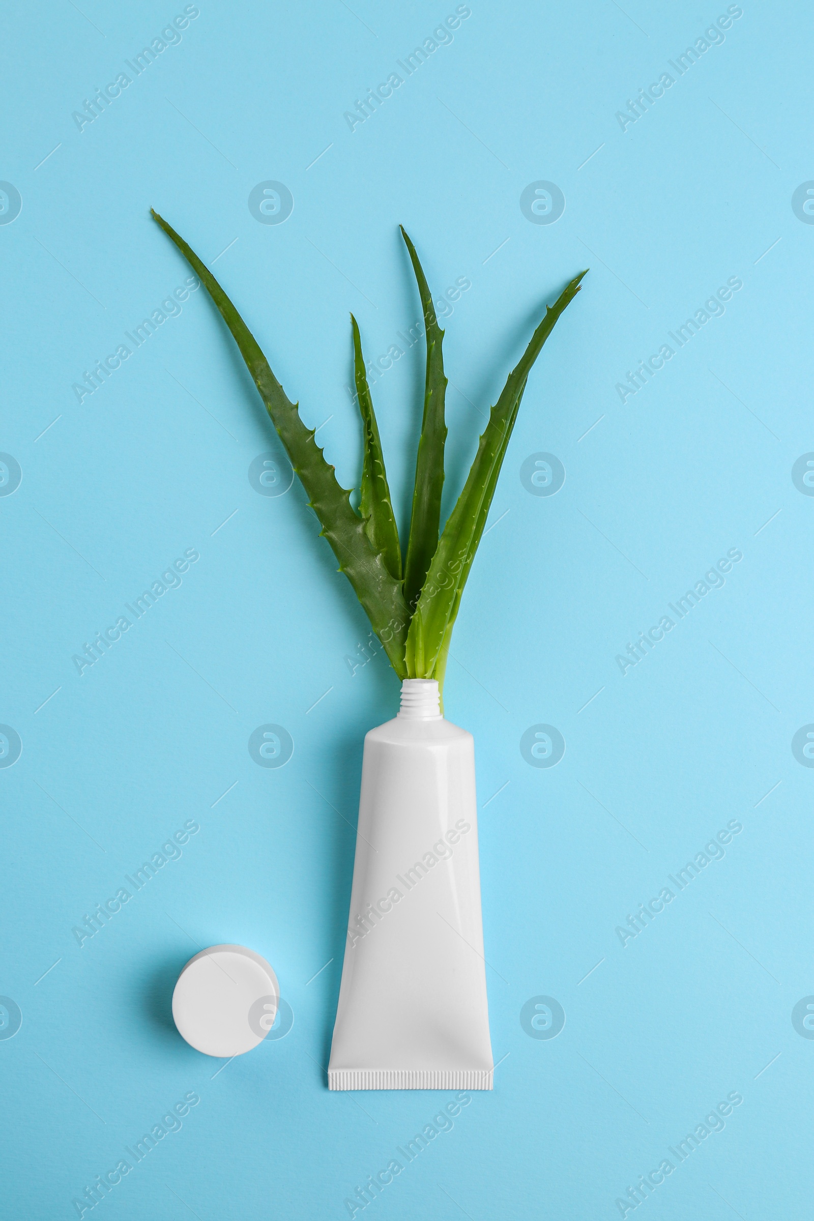 Photo of Tube of toothpaste and fresh aloe on light blue background, flat lay