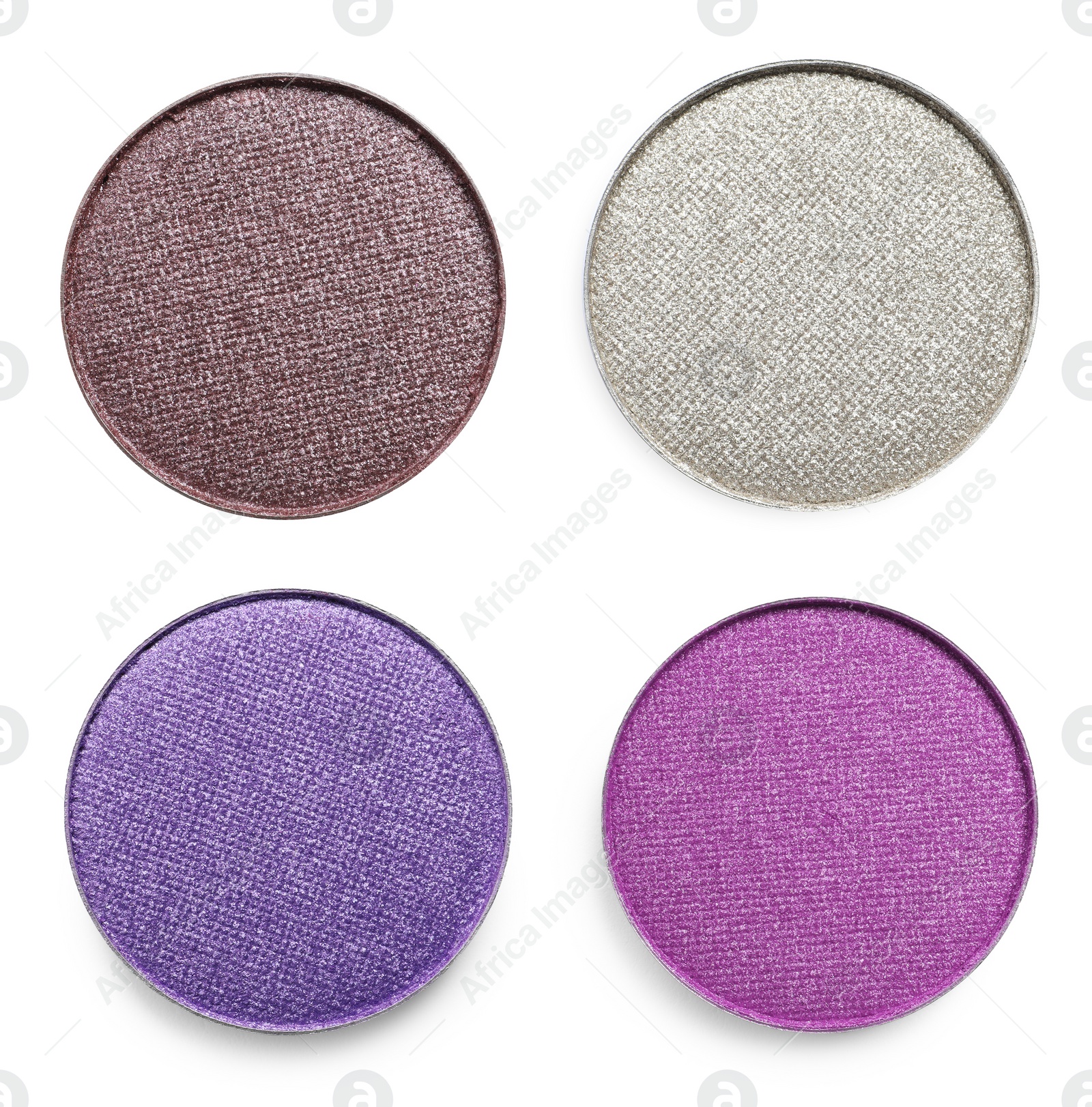 Image of Collage of beautiful different eye shadow refill pans on white background