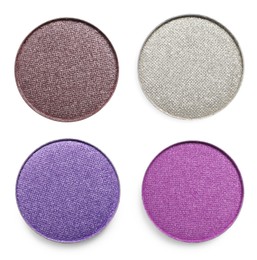 Image of Collage of beautiful different eye shadow refill pans on white background