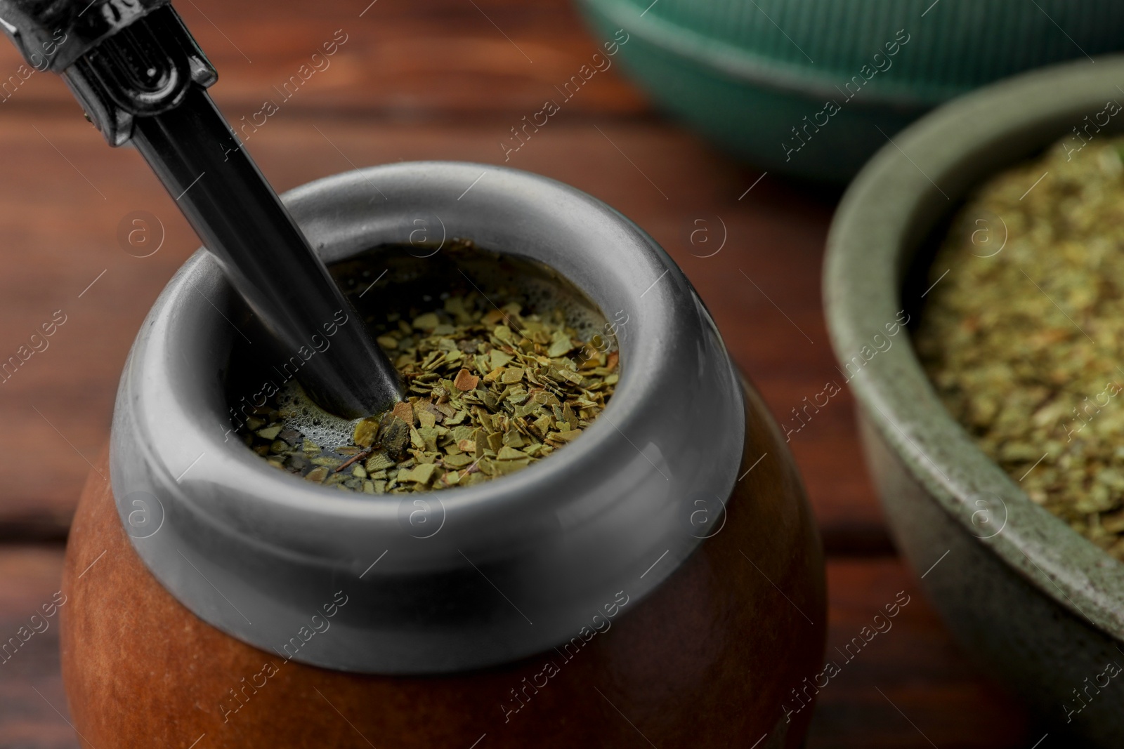 Photo of Calabash with mate tea and bombilla, closeup