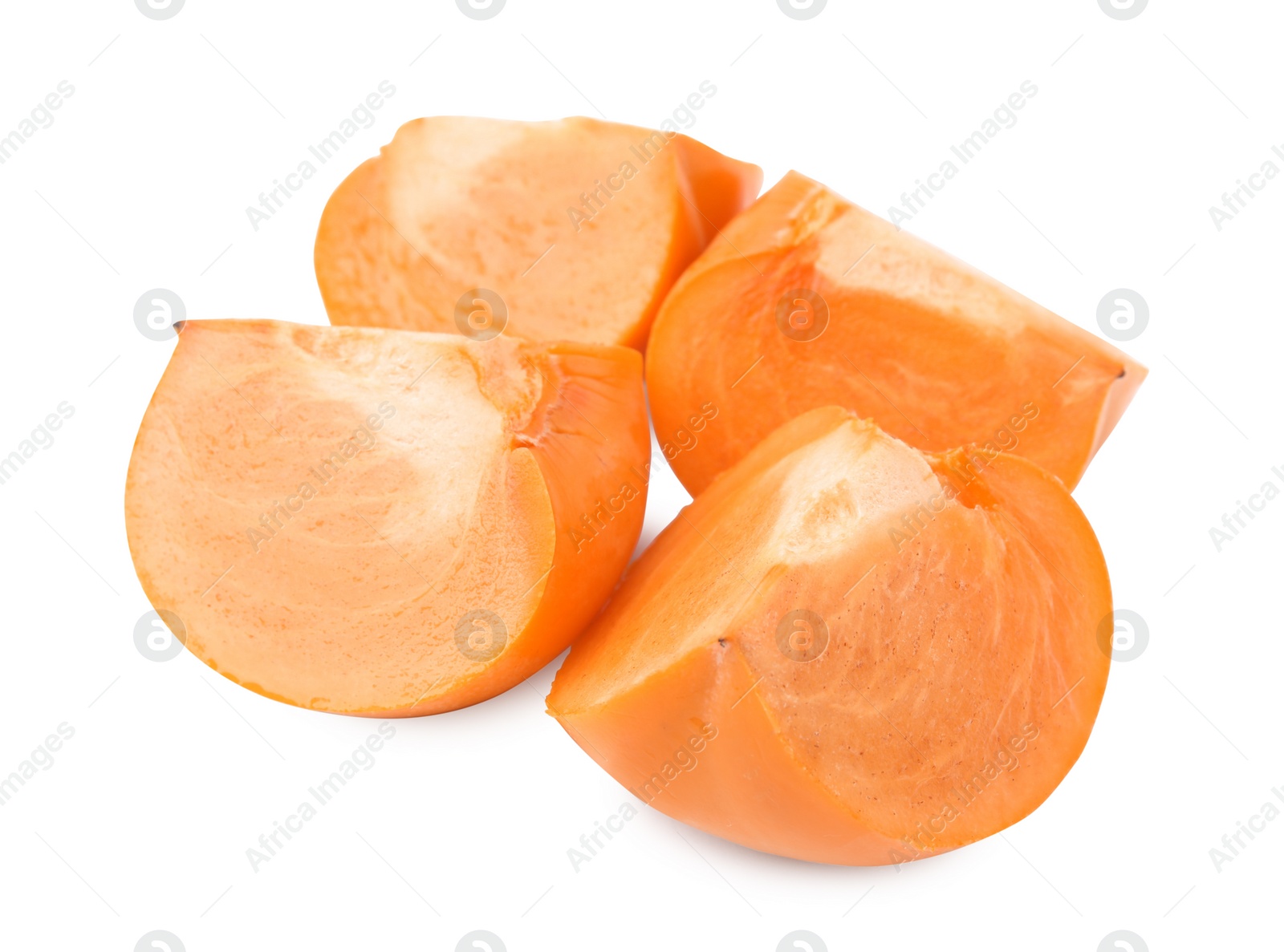 Photo of Cut delicious ripe juicy persimmons on white background