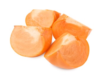 Photo of Cut delicious ripe juicy persimmons on white background