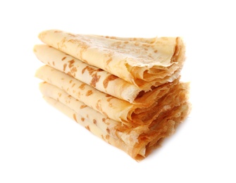 Stack of tasty thin folded pancakes on white background