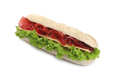 Delicious sandwich with bresaola, cheese and lettuce isolated on white