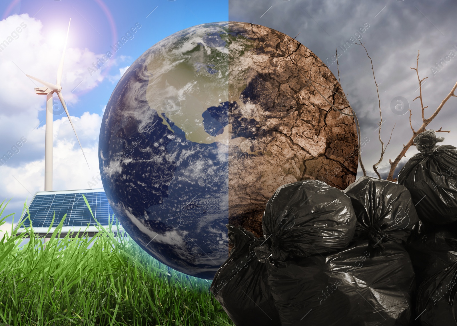 Image of Environmental pollution. Collage divided into clean and contaminated Earth. Globe with wind turbine and solar panels on one side and cracked soil with trash bags full of garbage on the other