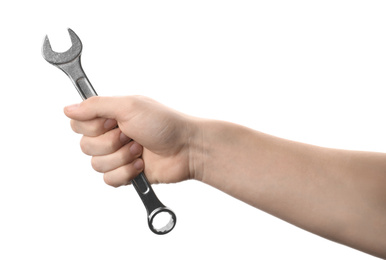 Photo of Auto mechanic holding wrench isolated on white, closeup