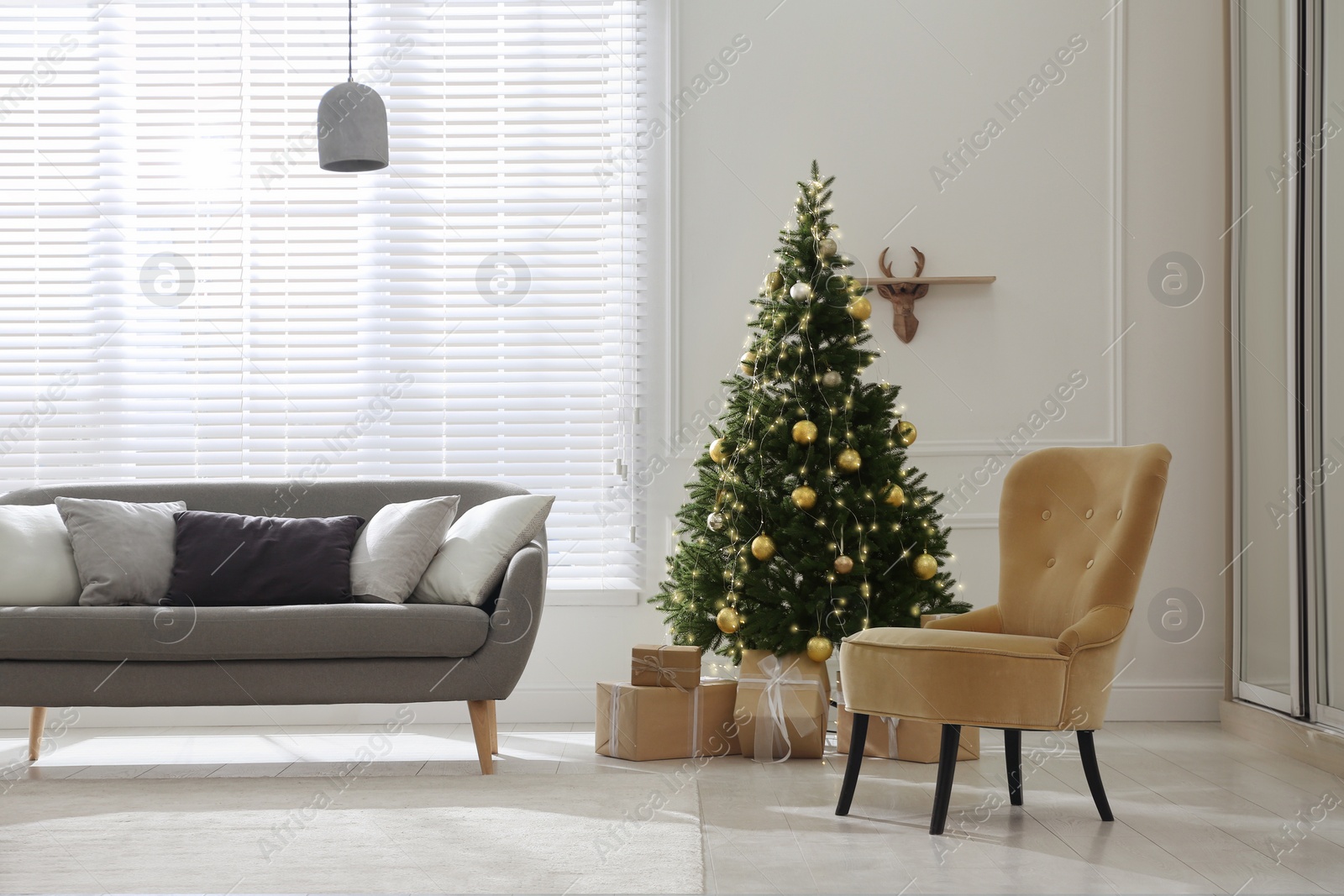 Photo of Beautiful Christmas tree and sofa in contemporary living room. Interior design