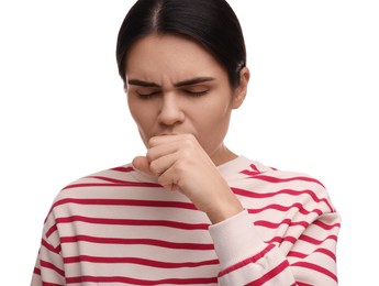 Woman coughing on white background. Cold symptoms
