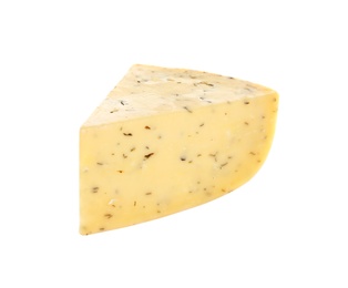 Photo of Piece of delicious cheese with herbs on white background