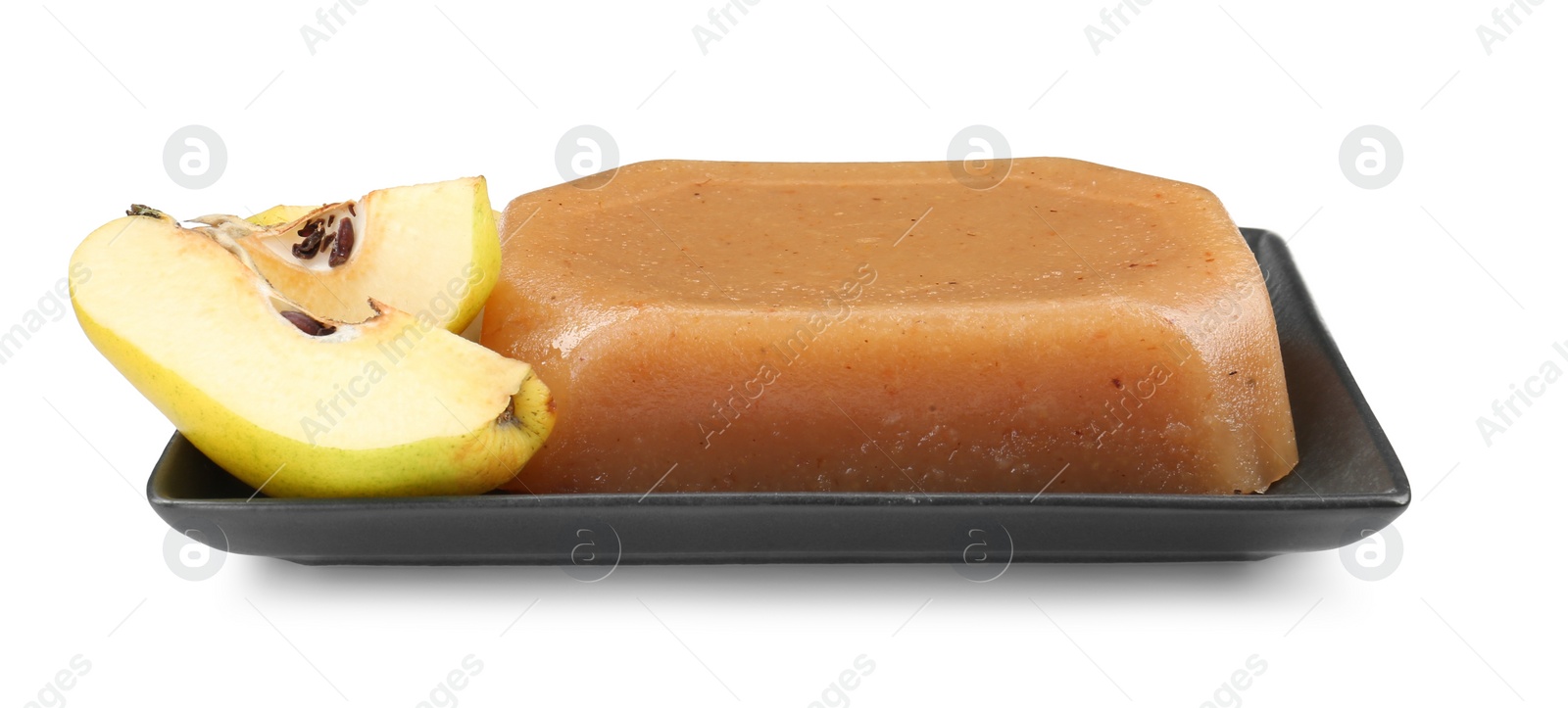 Photo of Delicious sweet quince paste and fresh fruit isolated on white