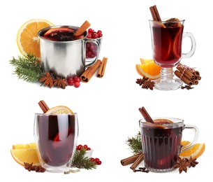 Set of aromatic mulled wine on white background