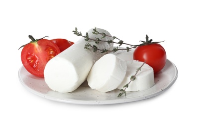 Photo of Delicious goat cheese with tomatoes and thyme on white background