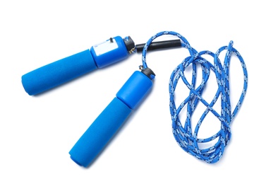 Photo of Jump rope on white background, top view