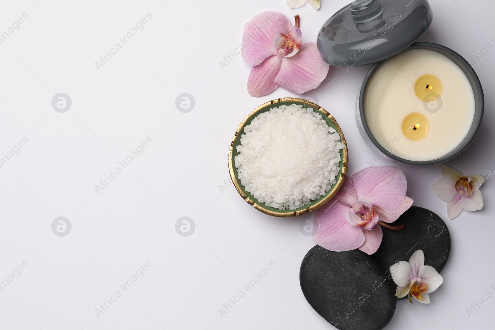 Photo of Flat lay composition with different spa products on white background. Space for text