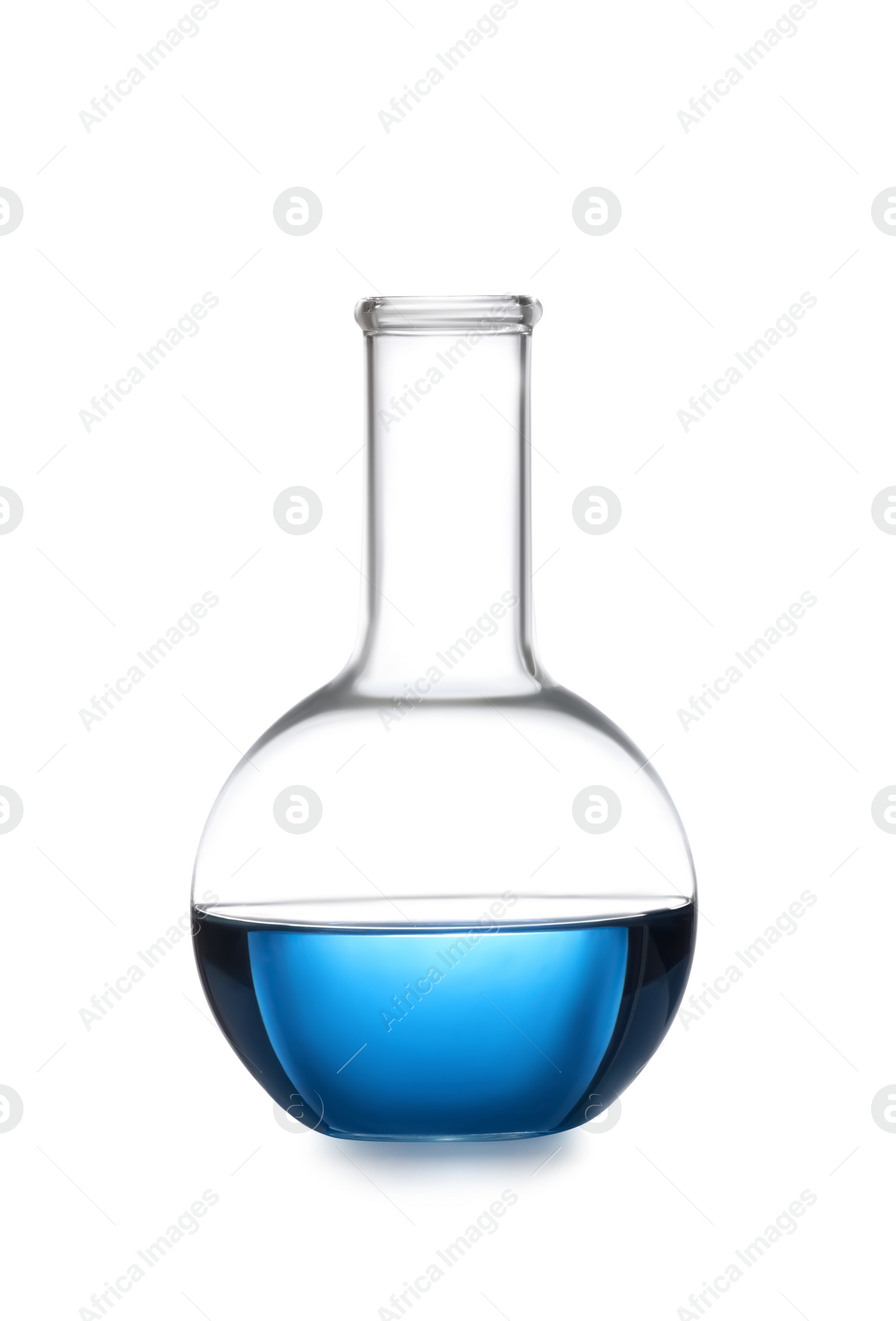 Photo of Florence flask with blue liquid isolated on white. Laboratory glassware