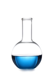 Photo of Florence flask with blue liquid isolated on white. Laboratory glassware
