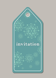 Wedding invitation tag on grey background, top view
