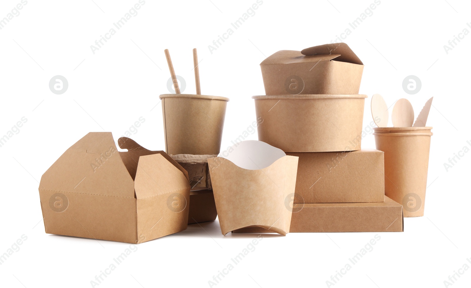 Photo of Eco friendly food packagings and wooden cutlery isolated on white