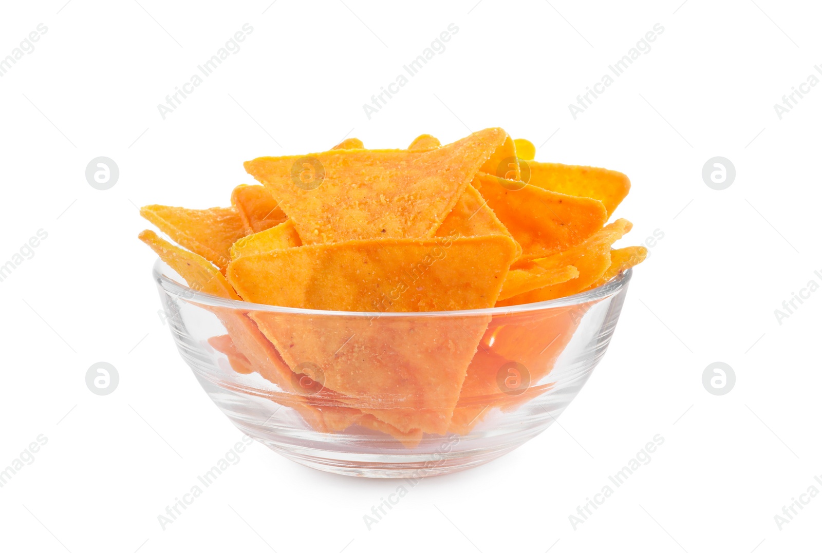 Photo of Bowl of tasty tortilla chips (nachos) on white background