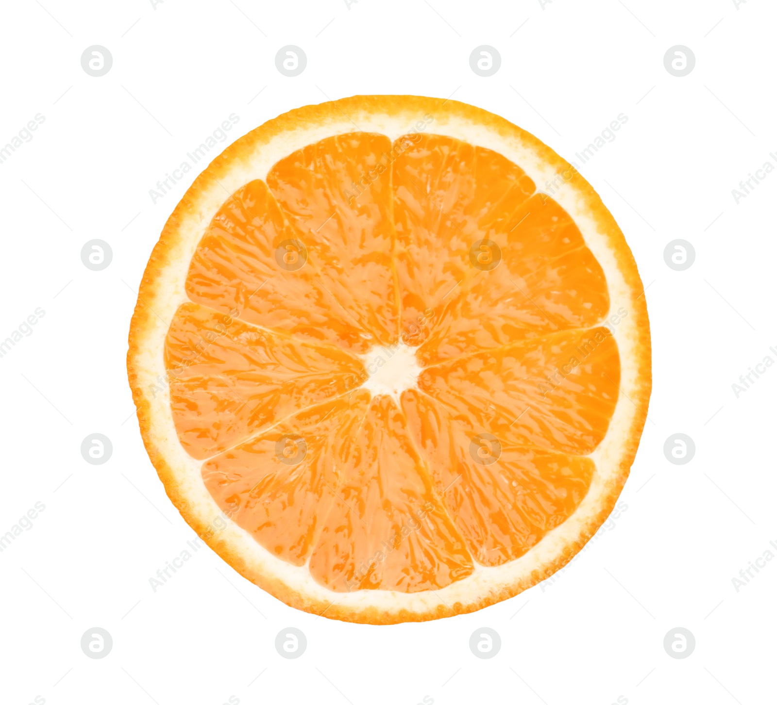 Photo of Fresh orange slice on white background, top view