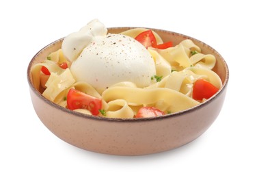 Photo of Bowl of delicious pasta with burrata and tomatoes isolated on white