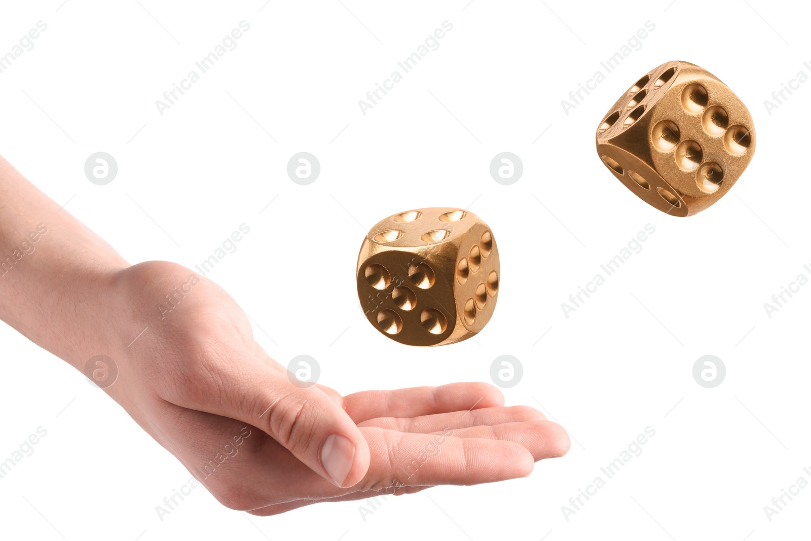 Image of Man throwing golden dice on white background, closeup