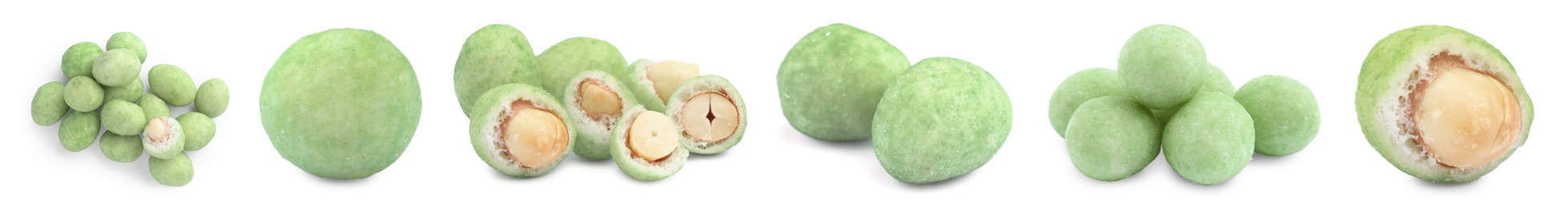 Image of Set with spicy wasabi coated peanuts on white background. Banner design