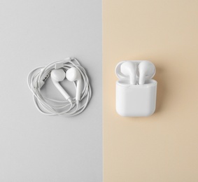 Photo of Flat lay composition with different earphones on color background