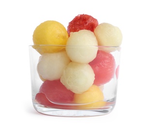 Photo of Glass of melon and watermelon balls on white background