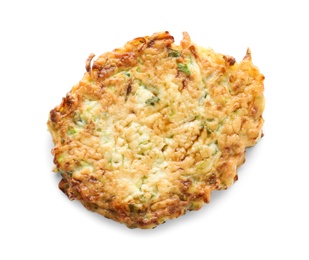 Delicious fried zucchini fritter isolated on white, top view