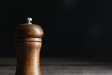Photo of Salt or pepper shaker on dark background, closeup. Space for text