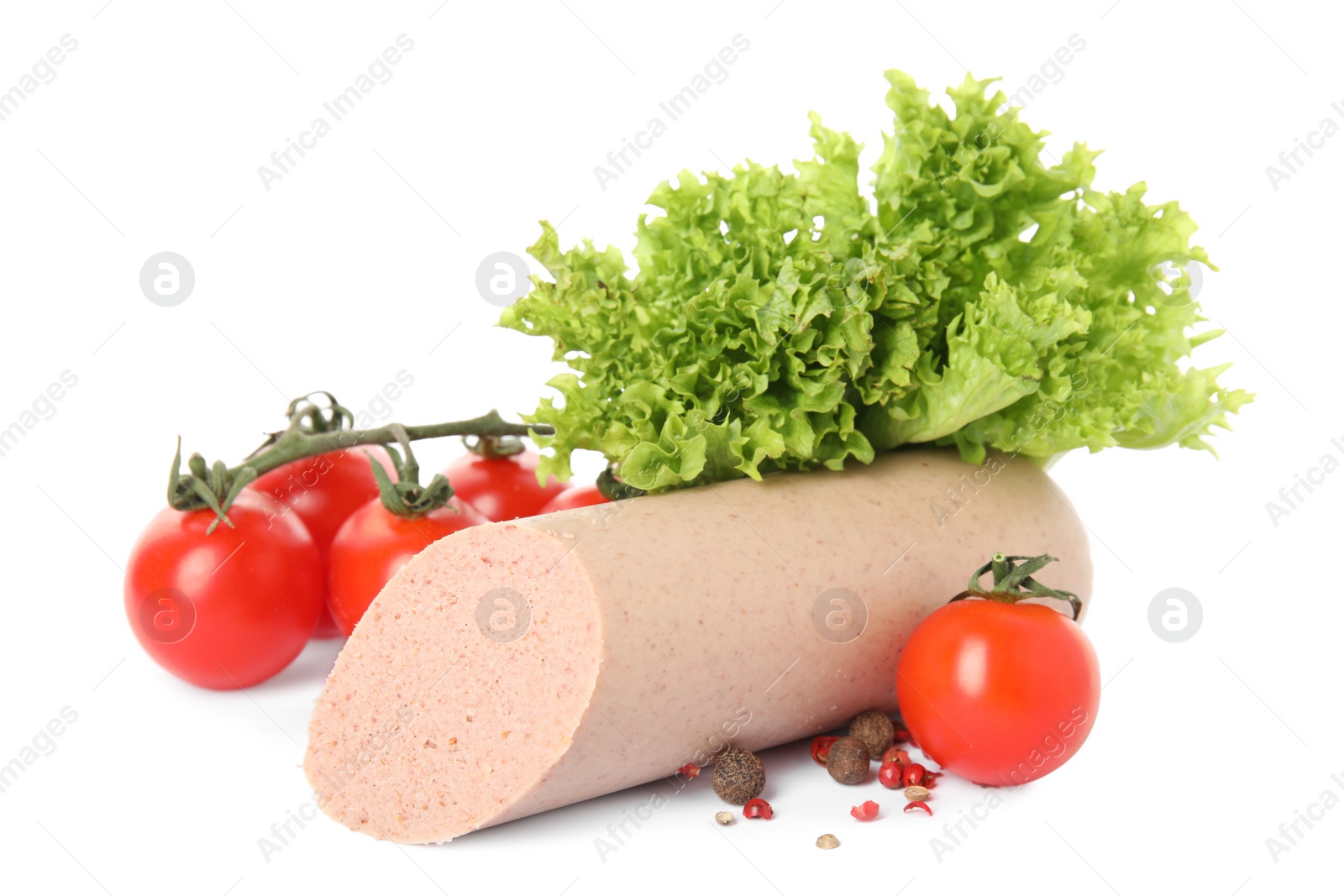 Photo of Delicious liverwurst with cherry tomatoes, lettuce and spices on white background