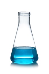 Photo of Conical flask with liquid on table against white background. Laboratory analysis