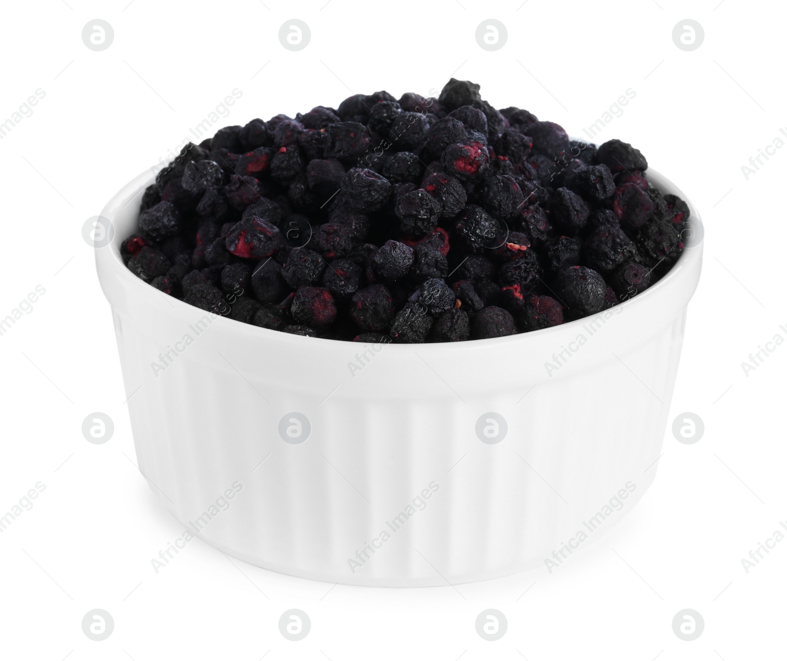 Photo of Freeze dried blueberries in bowl on white background