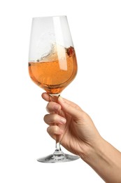 Photo of Woman with glass of rose wine isolated on white, closeup